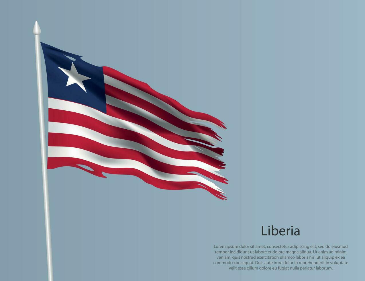 Ragged national flag of Liberia. Wavy torn fabric on blue background vector