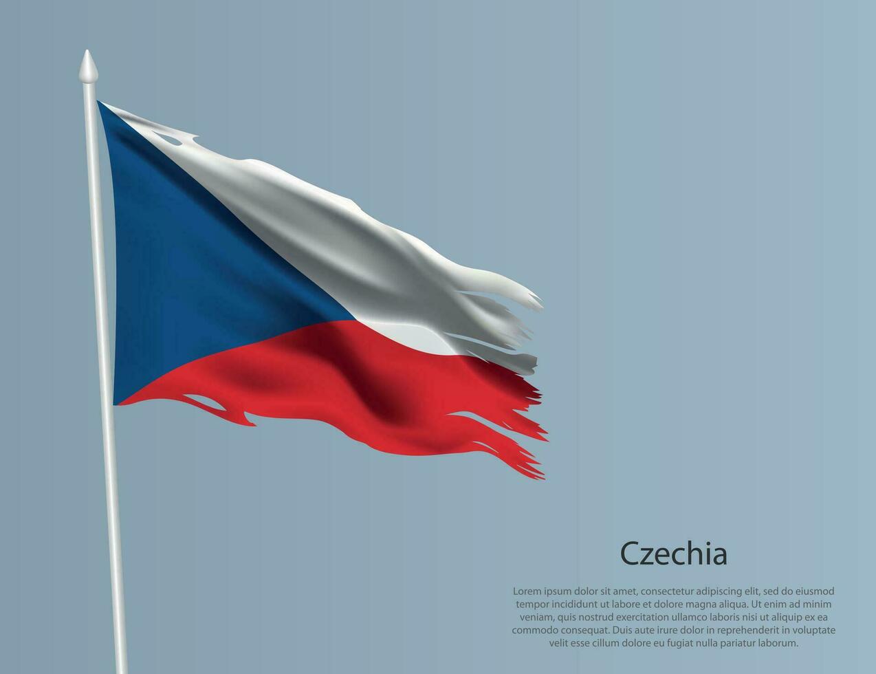 Ragged national flag of Czechia. Wavy torn fabric on blue background vector