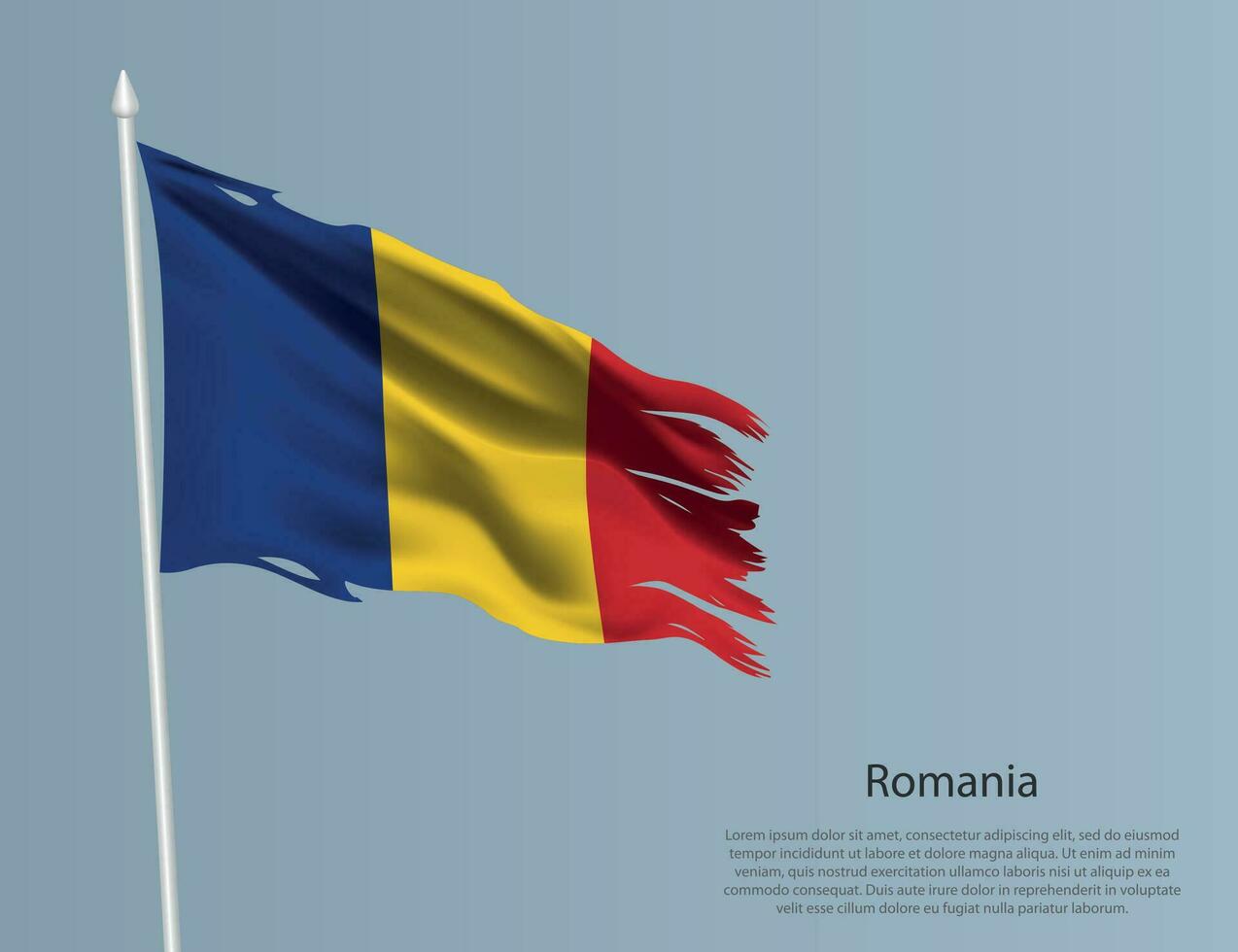 Ragged national flag of Romania. Wavy torn fabric on blue background vector