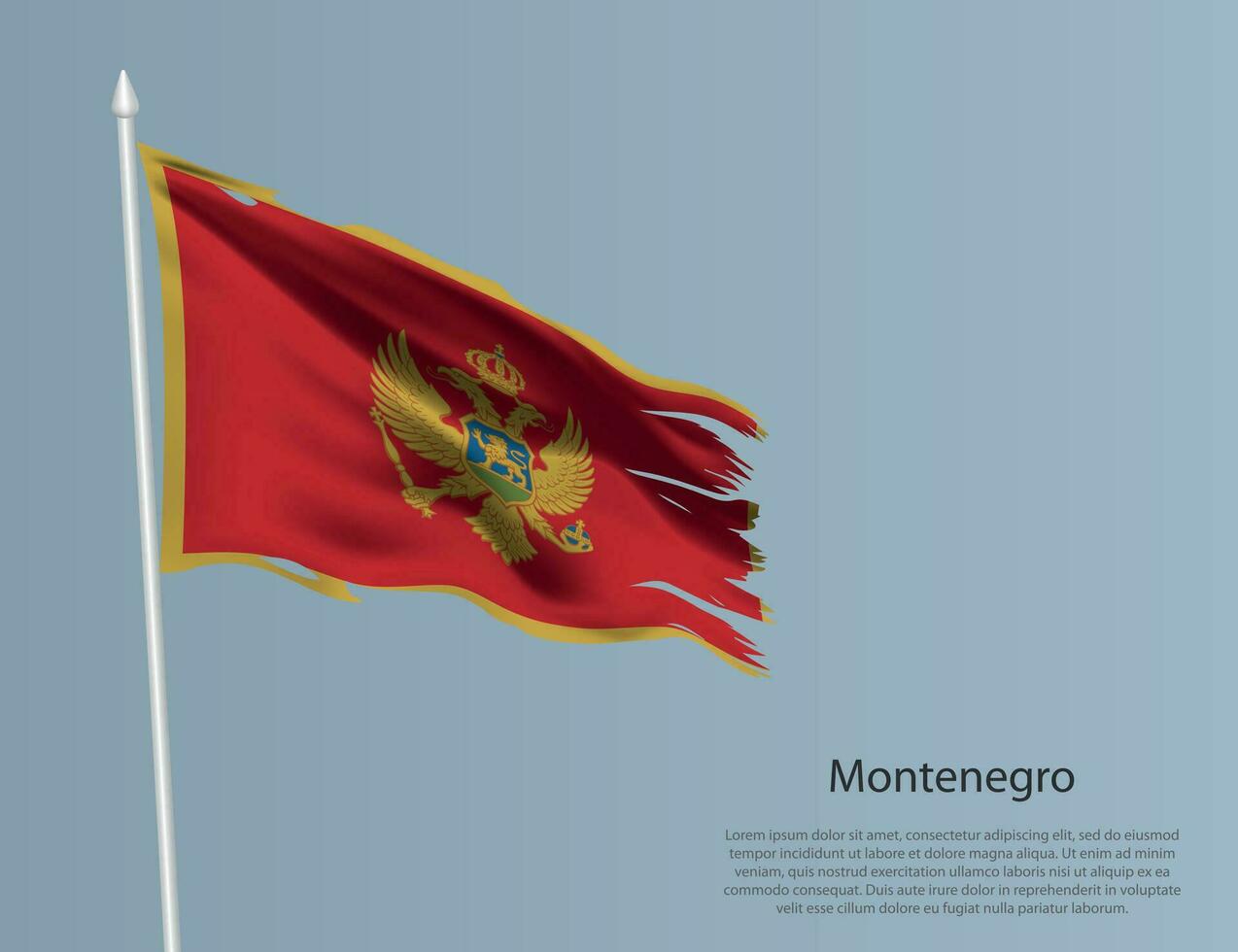 Ragged national flag of Montenegro. Wavy torn fabric on blue background vector