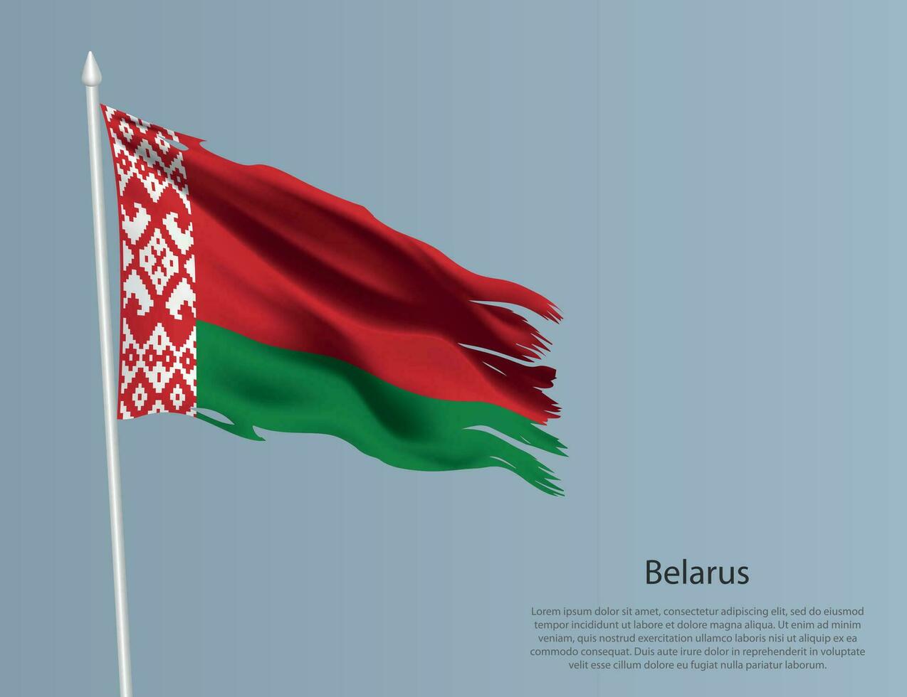 Ragged national flag of Belarus. Wavy torn fabric on blue background vector