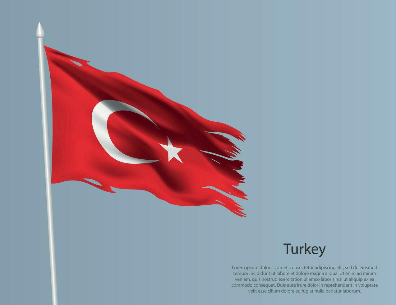 Ragged national flag of Turkey. Wavy torn fabric on blue background vector