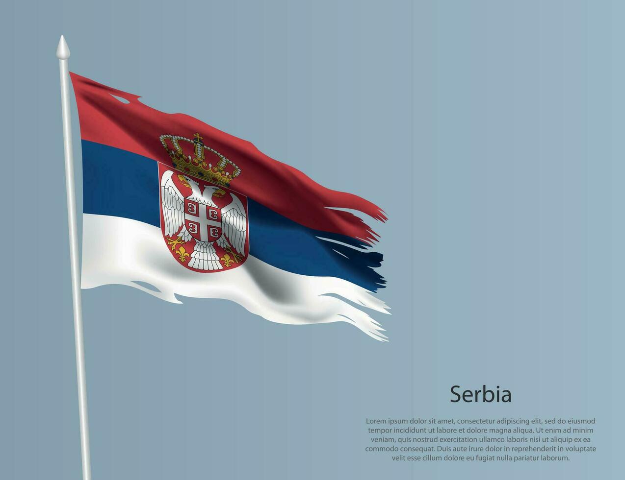 Ragged national flag of Serbia. Wavy torn fabric on blue background vector