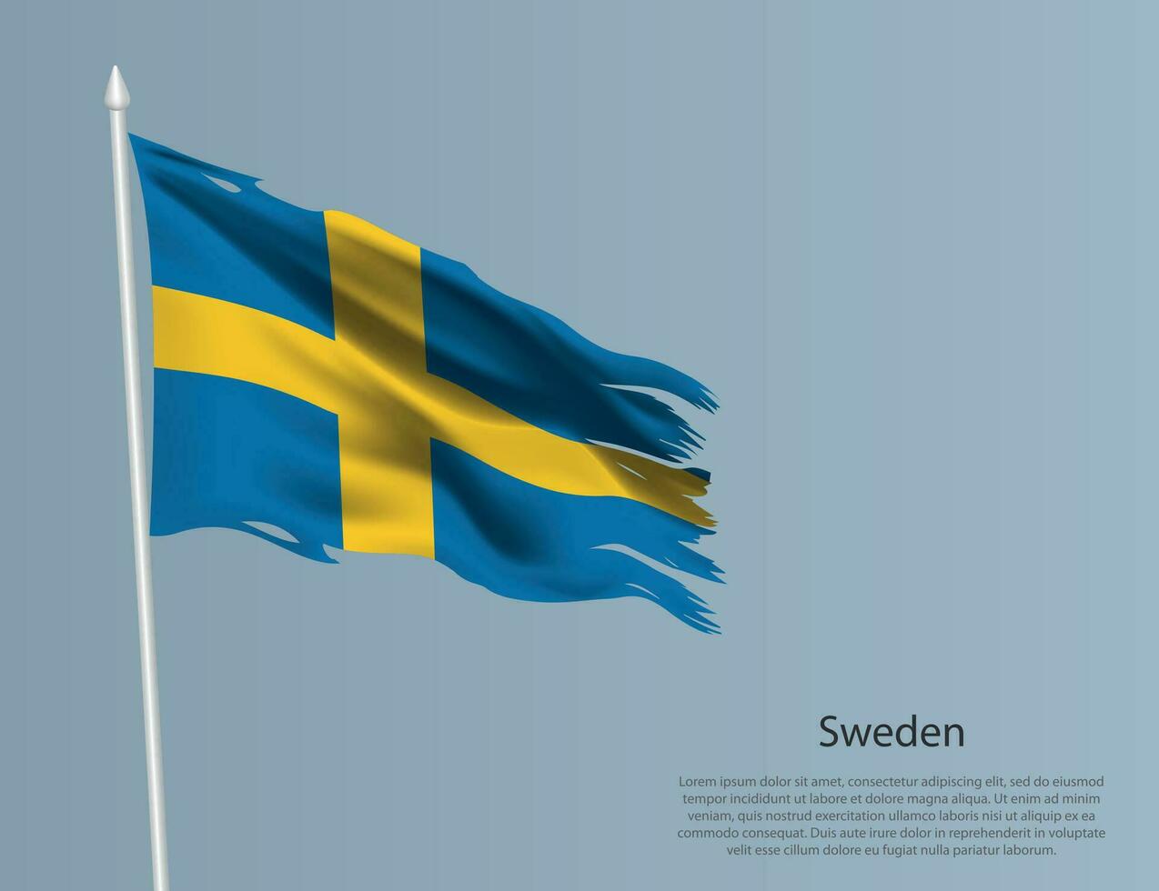 Ragged national flag of Sweden. Wavy torn fabric on blue background vector