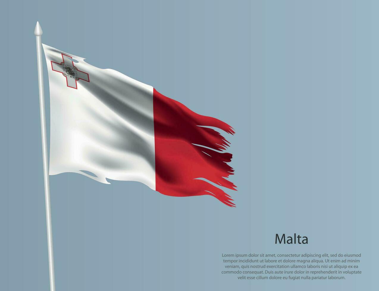 harapiento nacional bandera de Malta, ondulado Rasgado tela en azul antecedentes vector