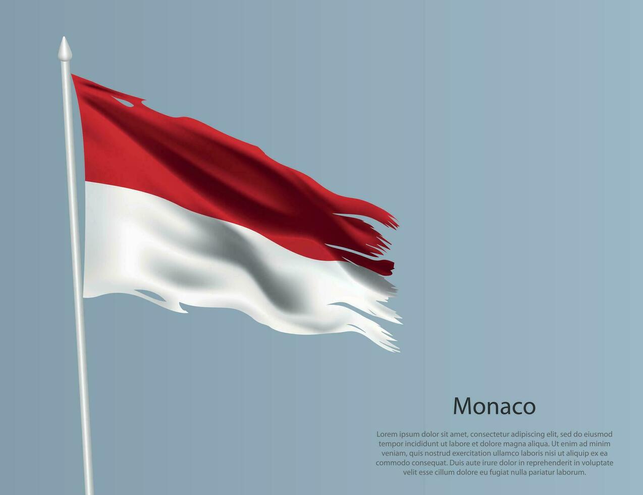 Ragged national flag of Monaco. Wavy torn fabric on blue background vector