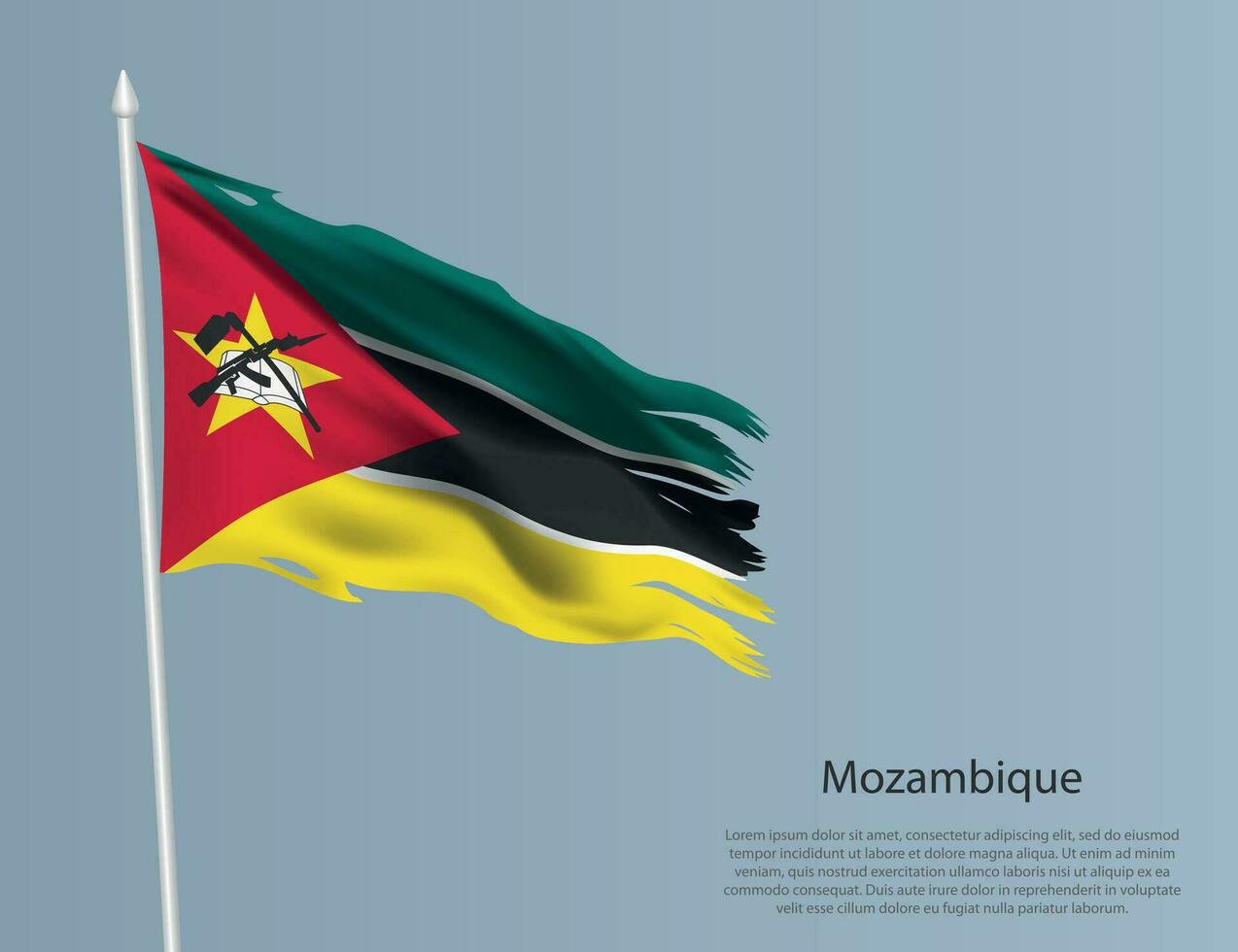 Ragged national flag of Mozambique. Wavy torn fabric on blue background vector