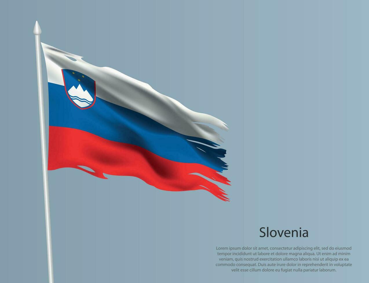 Ragged national flag of Slovenia. Wavy torn fabric on blue background vector