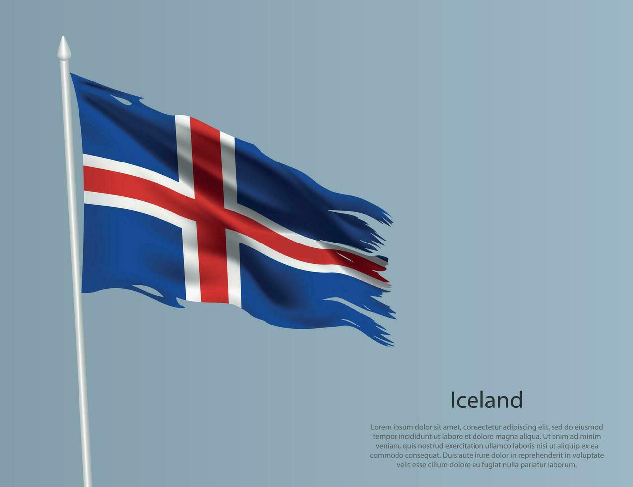 Ragged national flag of Iceland. Wavy torn fabric on blue background vector