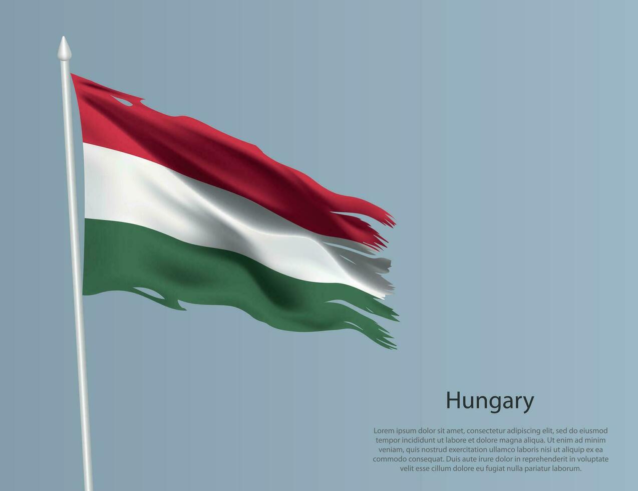 Ragged national flag of Hungary. Wavy torn fabric on blue background vector