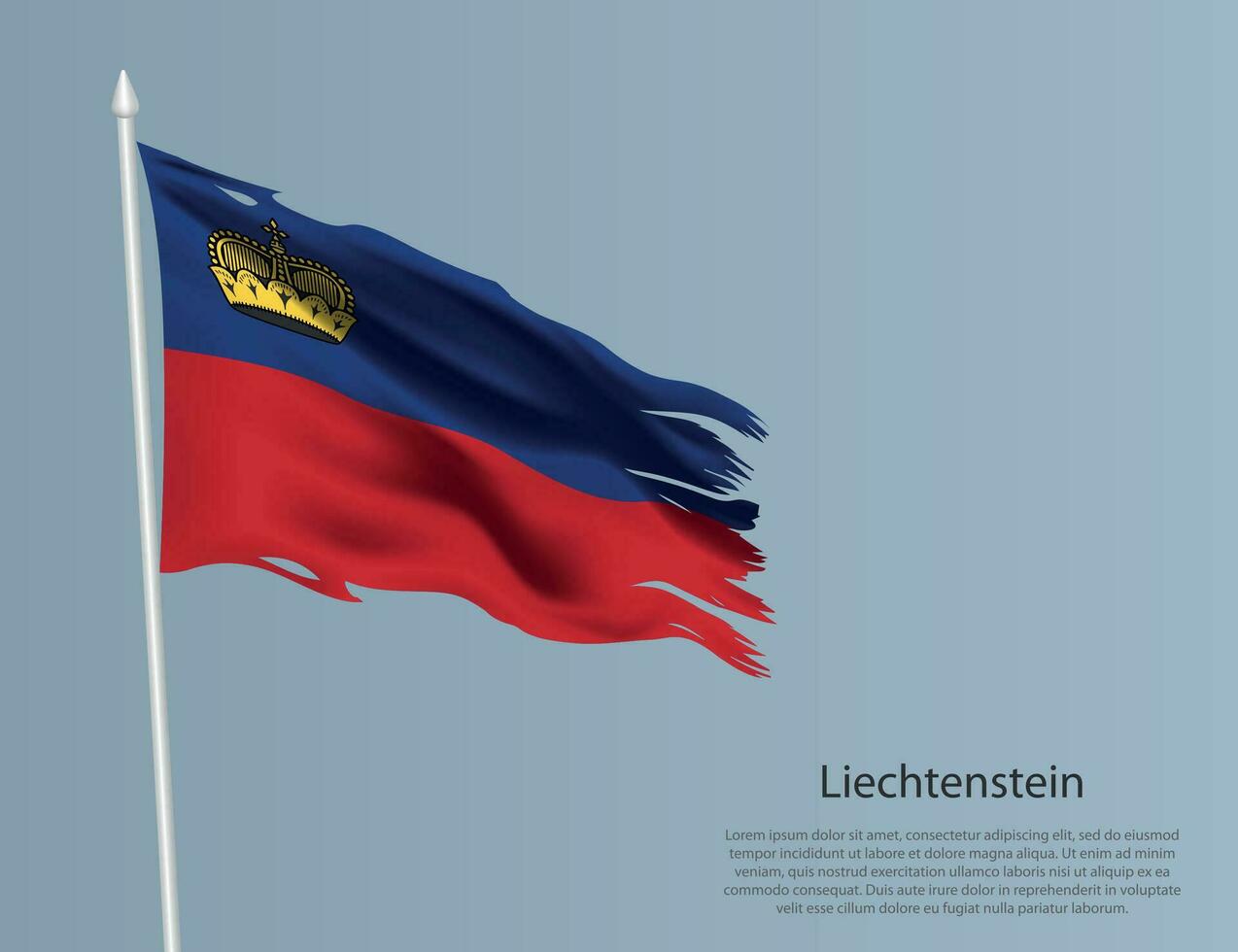 Ragged national flag of Liechtenstein. Wavy torn fabric on blue background vector