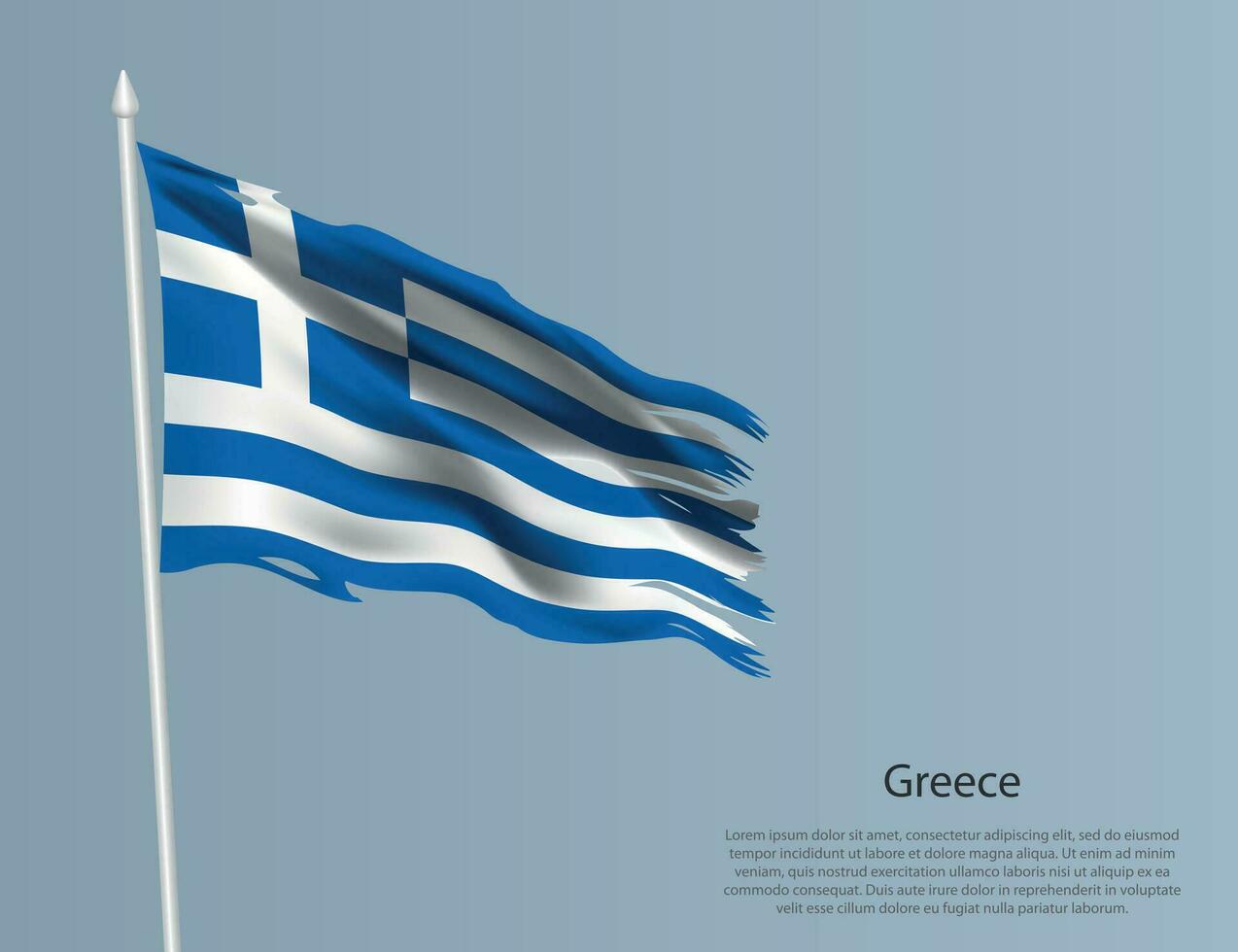 Ragged national flag of Greece. Wavy torn fabric on blue background vector