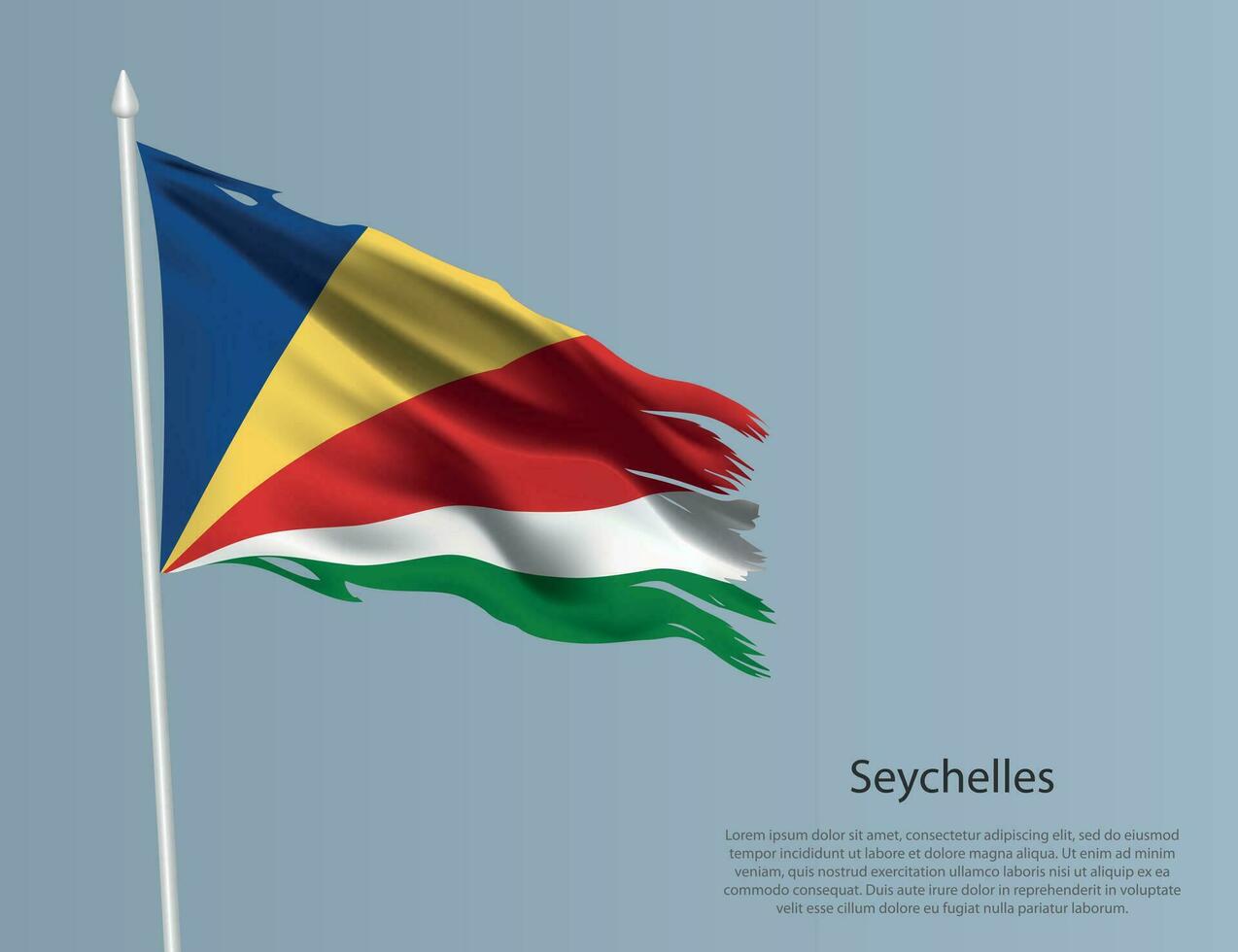 Ragged national flag of Seychelles. Wavy torn fabric on blue background vector