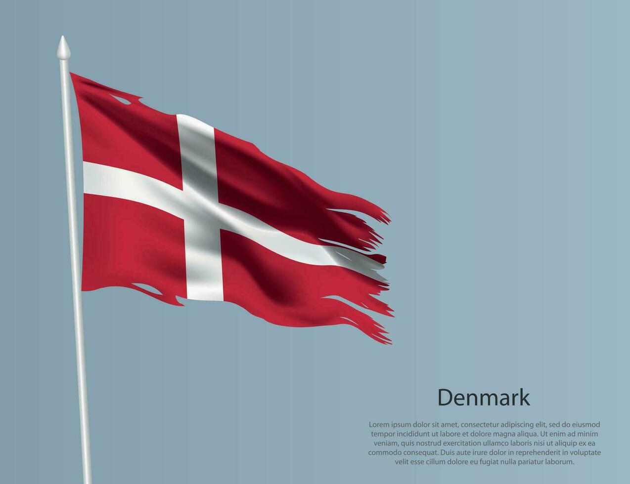 Ragged national flag of Denmark. Wavy torn fabric on blue background vector