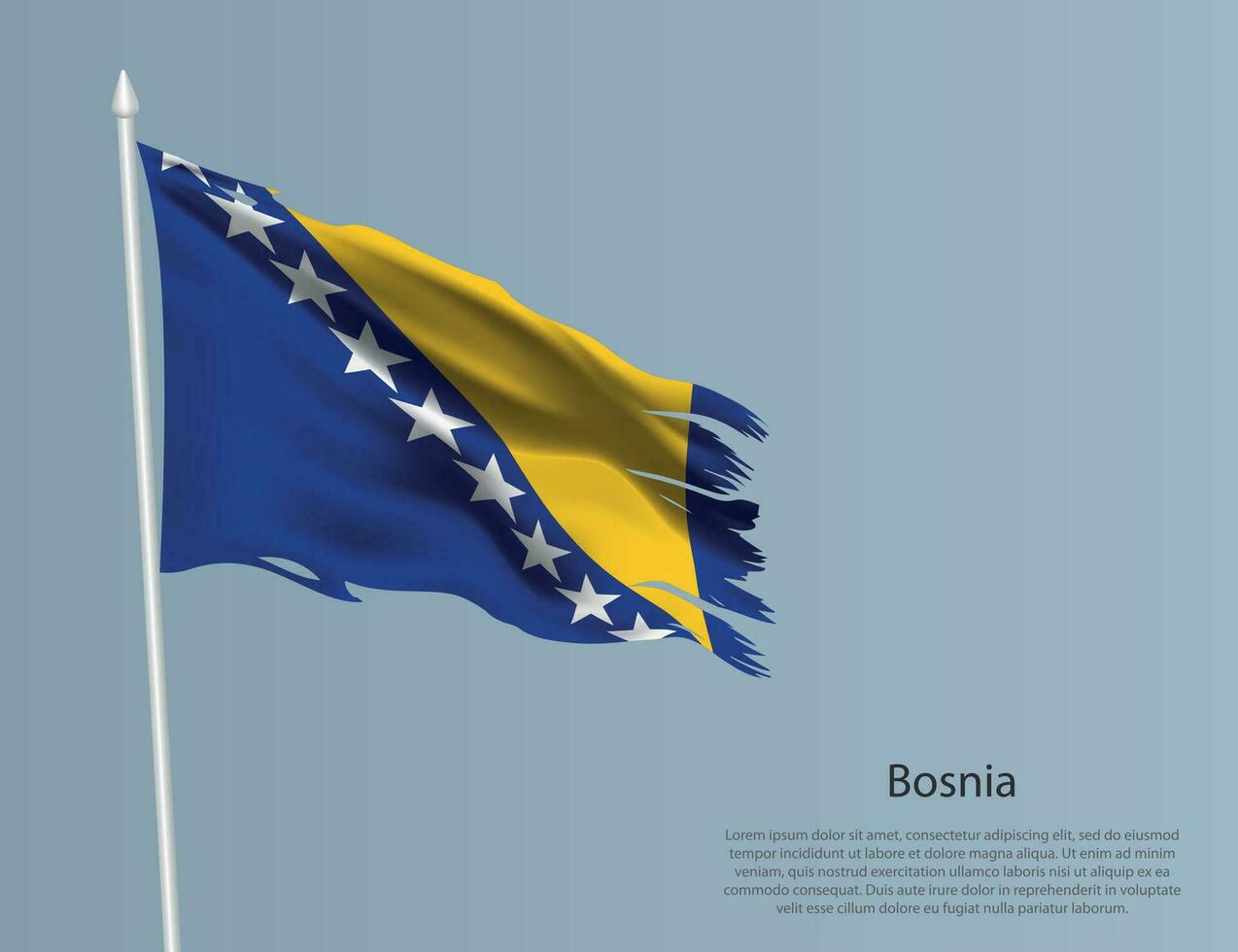 Ragged national flag of Bosnia. Wavy torn fabric on blue background vector