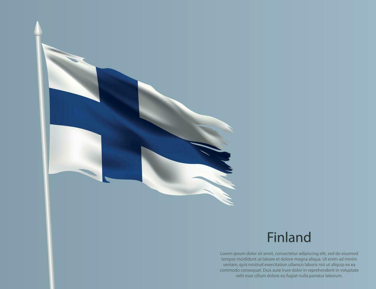 Ragged national flag of Finland. Wavy torn fabric on blue background vector