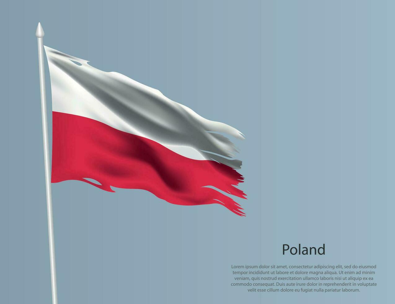harapiento nacional bandera de Polonia. ondulado Rasgado tela en azul antecedentes vector