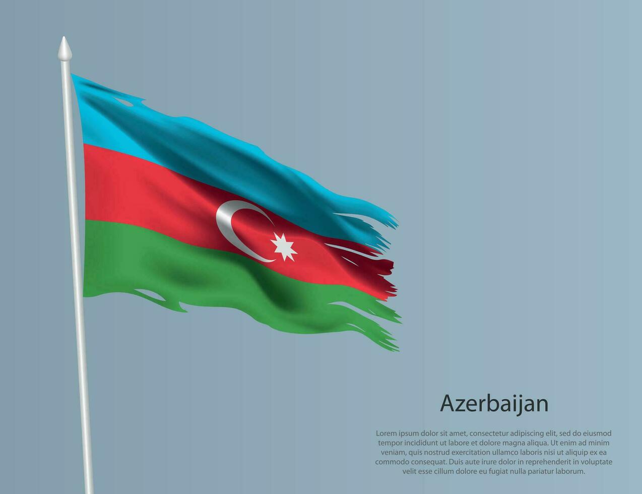 Ragged national flag of Azerbaijan. Wavy torn fabric on blue background vector