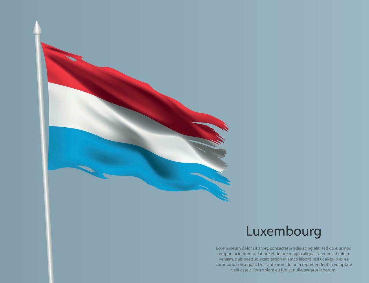 Ragged national flag of Luxembourg. Wavy torn fabric on blue background vector