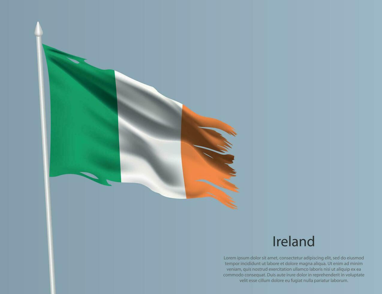 Ragged national flag of Ireland. Wavy torn fabric on blue background vector