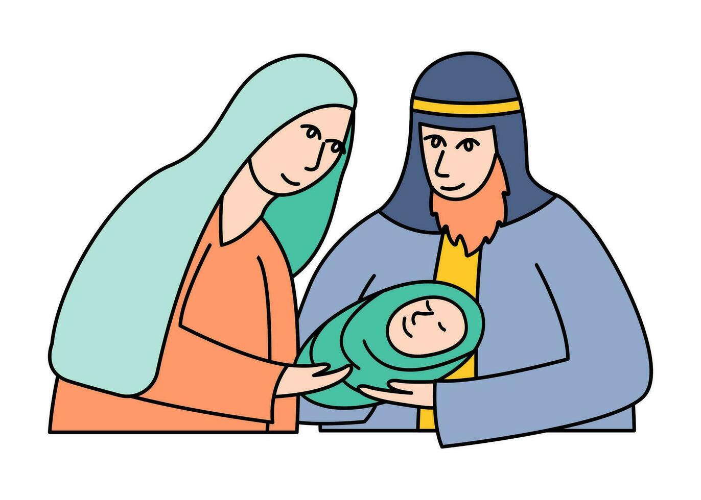 Mary and Joseph or mom and dad hug son name Jesus Christ.In cartoon version vector