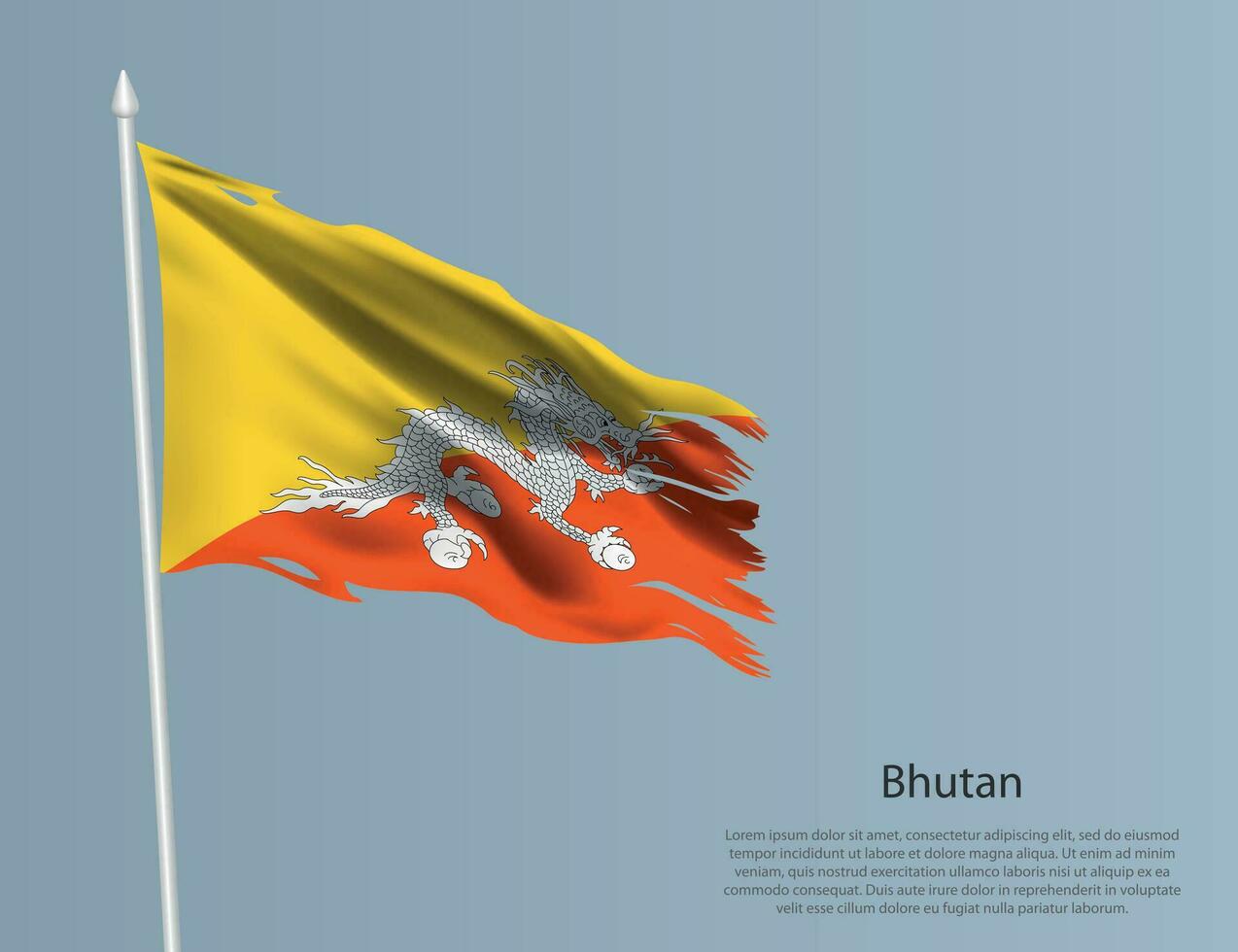 Ragged national flag of Bhutan. Wavy torn fabric on blue background vector