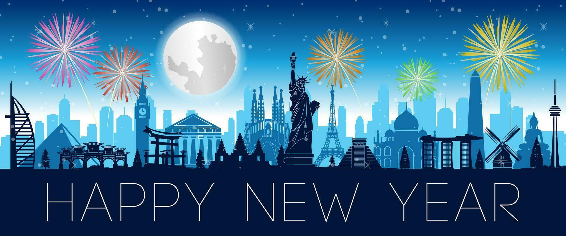 famous landmarks of the world in situation with happy new year night vector
