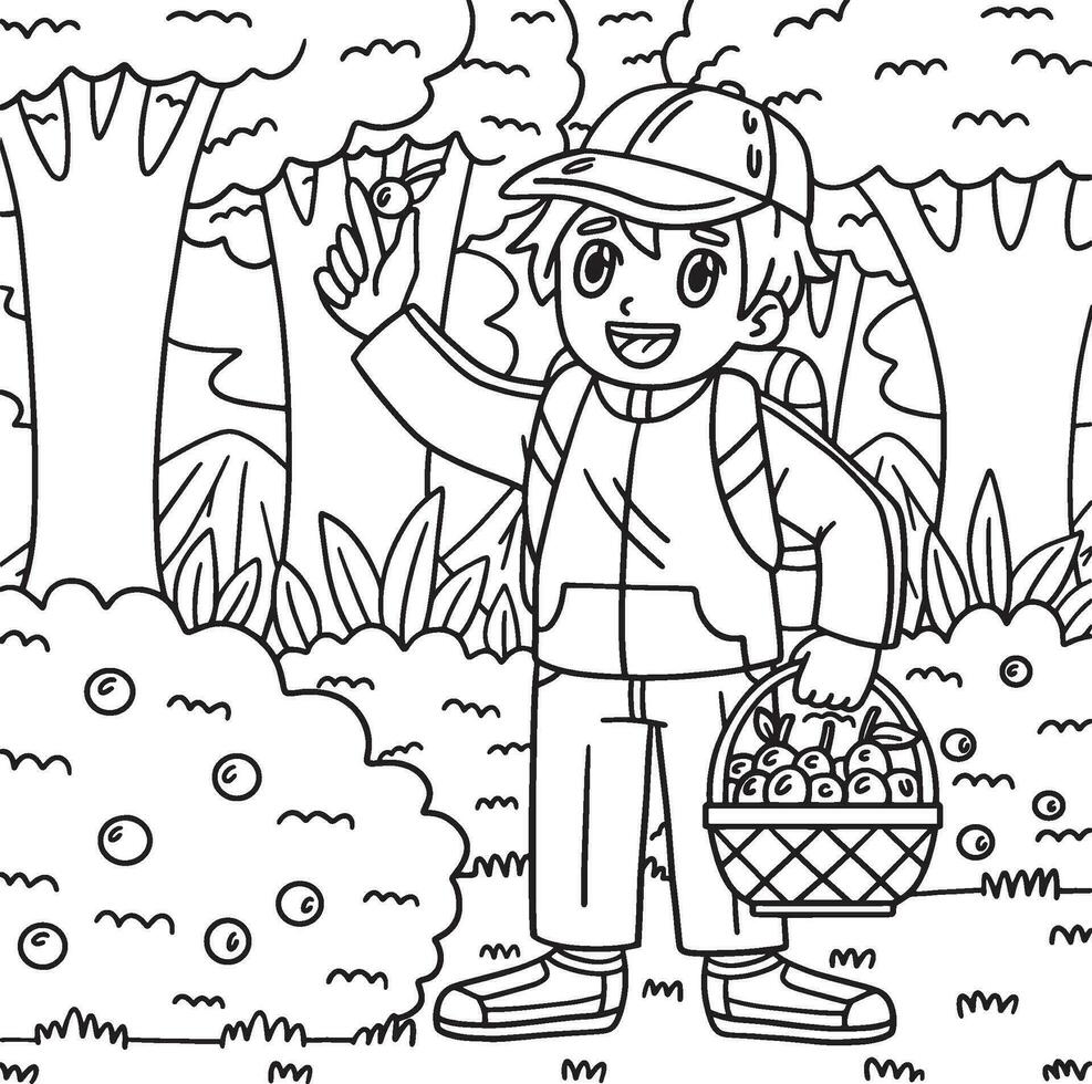 Camping Camper Gathering Berries Coloring Page vector