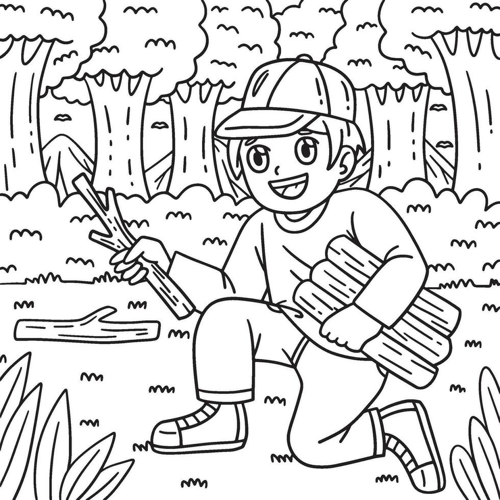 Camping Camper Gathering Wood Coloring Page vector