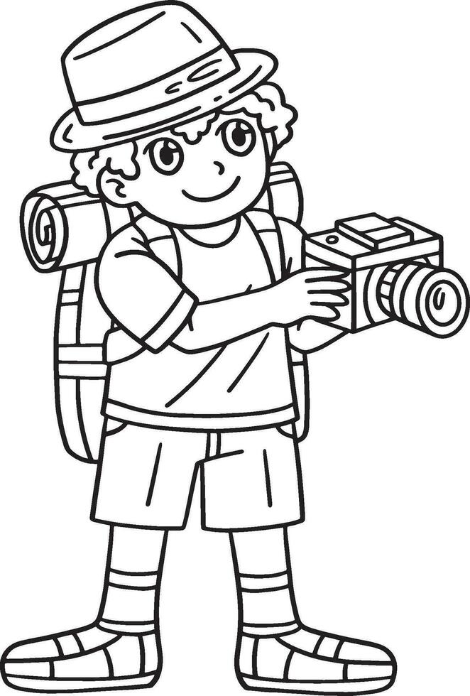 Camping Camper with Camera Isolated Coloring Page vector
