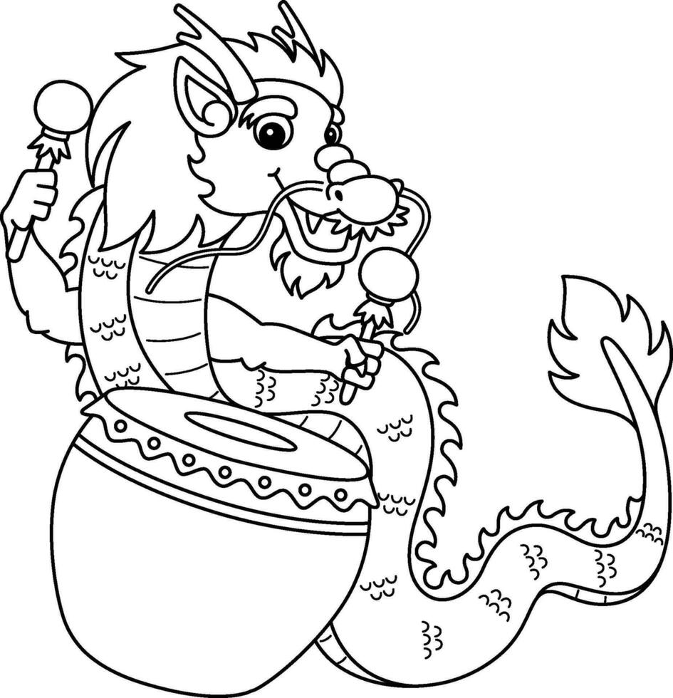 Year of the Dragon Playing Drums Isolated Coloring vector