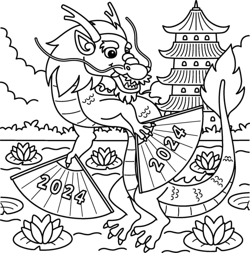 Year of the Dragon with 2024 Fans Coloring Page vector