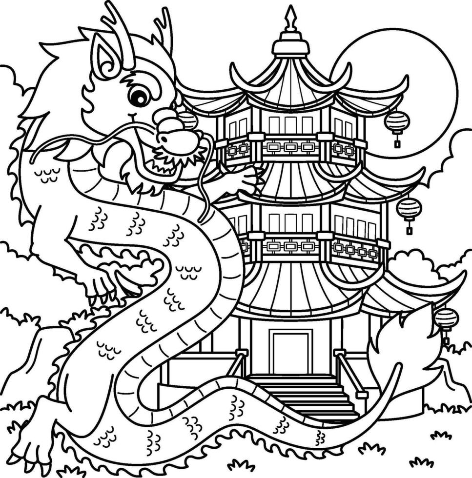 Year of the Dragon with Pagoda Coloring Page vector