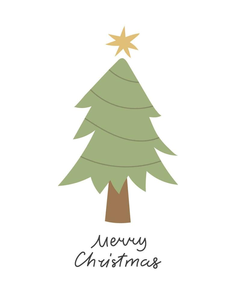 Merry Christmas. Cartoon christmas tree, hand drawing lettering vector