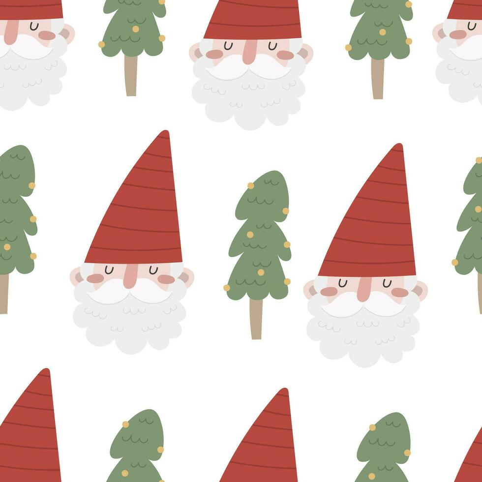 holiday Seamless pattern with cartoon gnomes, tree, decor elements. colorful vector for kids, flat style. hand drawing. Baby design for fabric, textile, print, wrapper.