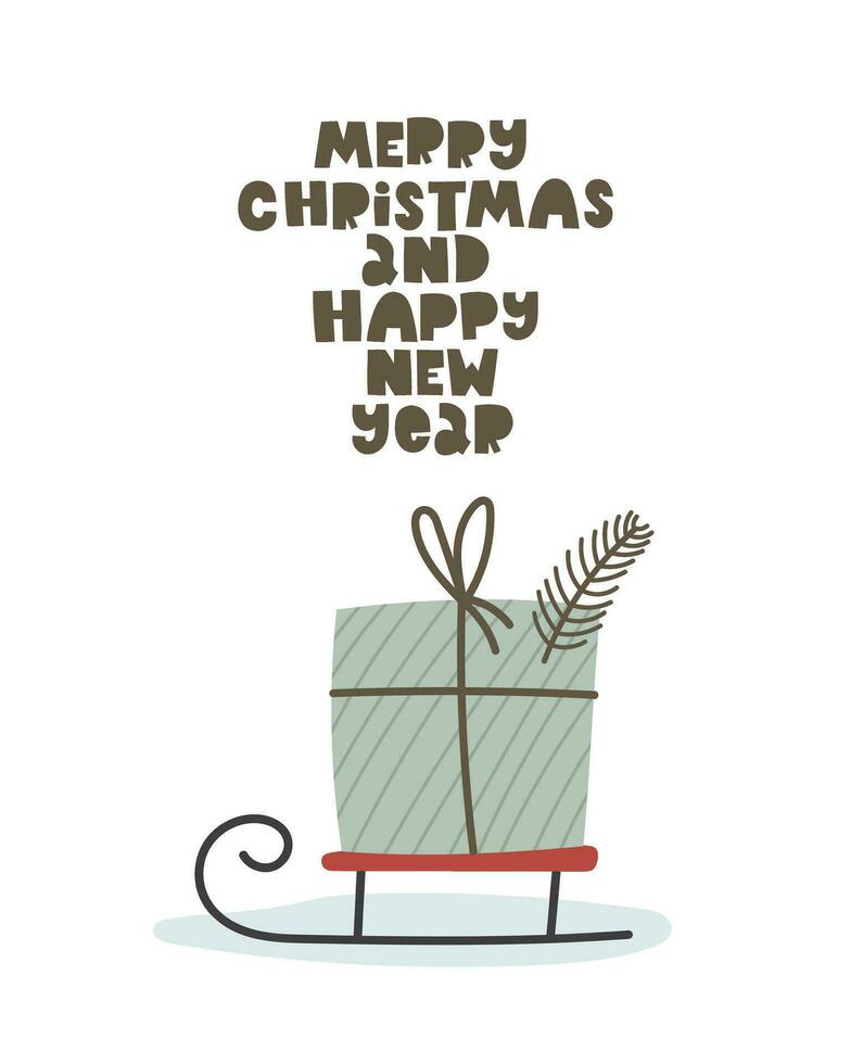 Merry Christmas and happy new year.  Cartoon present, sled,  hand drawing lettering vector