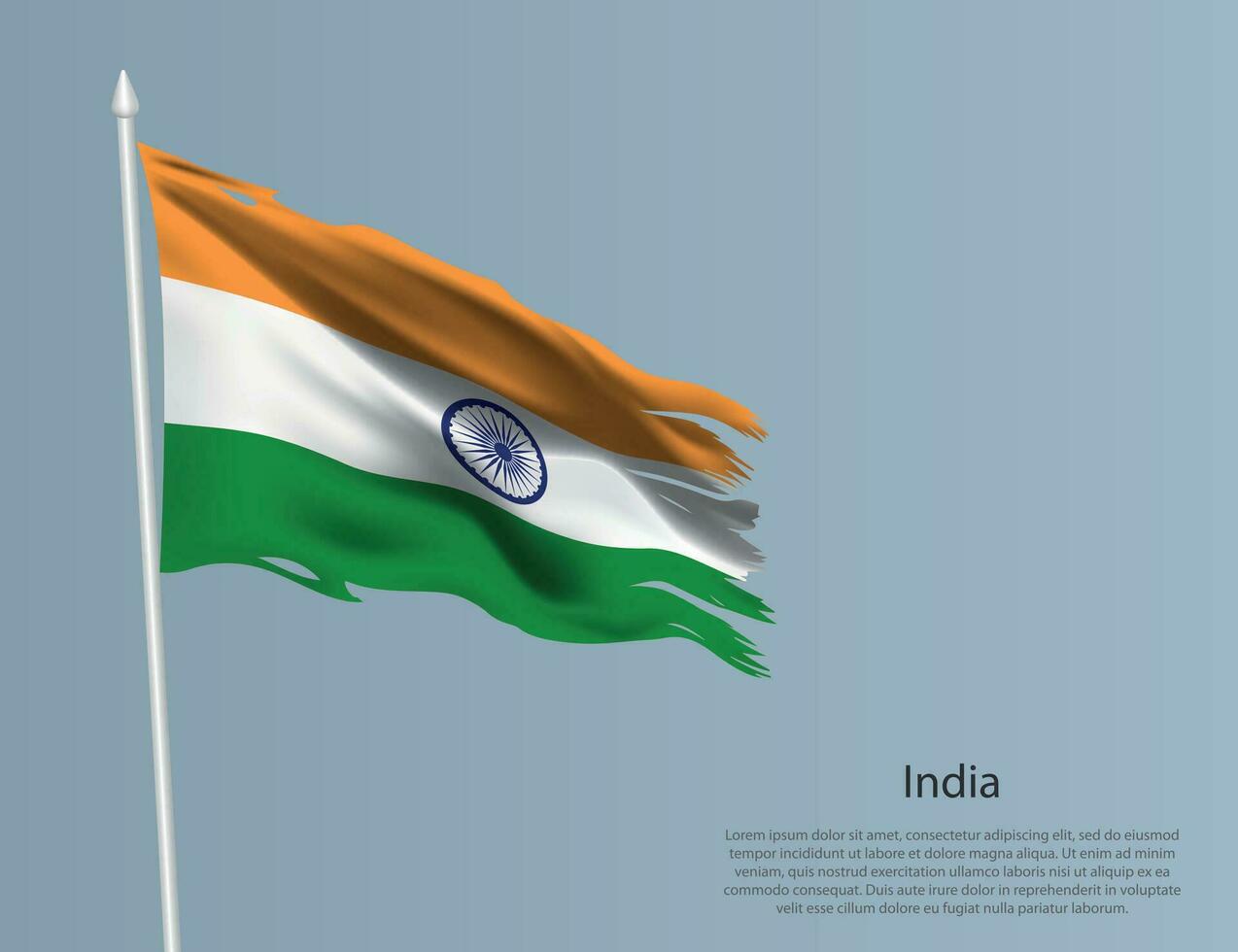 Ragged national flag of India. Wavy torn fabric on blue background vector