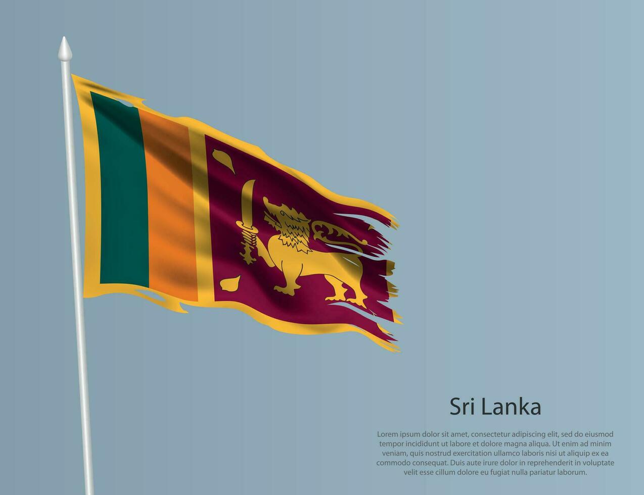 Ragged national flag of Sri Lanka. Wavy torn fabric on blue background vector