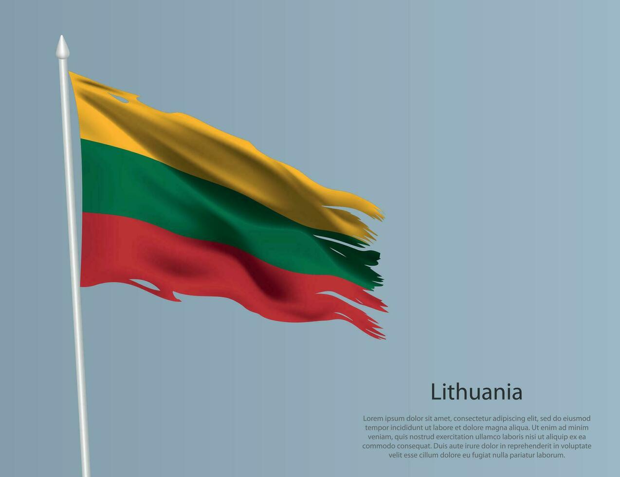 Ragged national flag of Lithuania. Wavy torn fabric on blue background vector