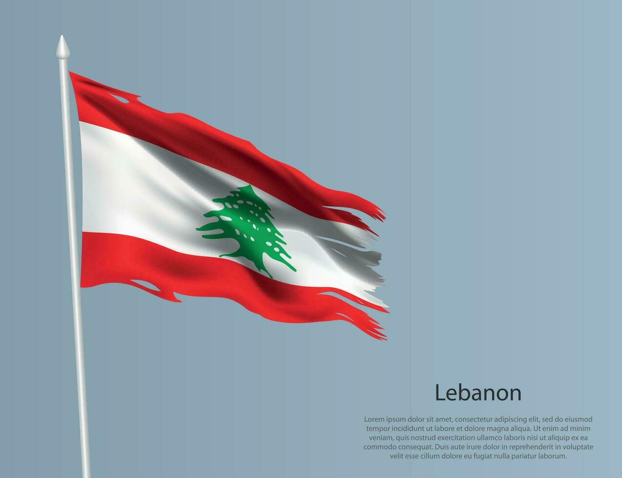 Ragged national flag of Lebanon. Wavy torn fabric on blue background vector