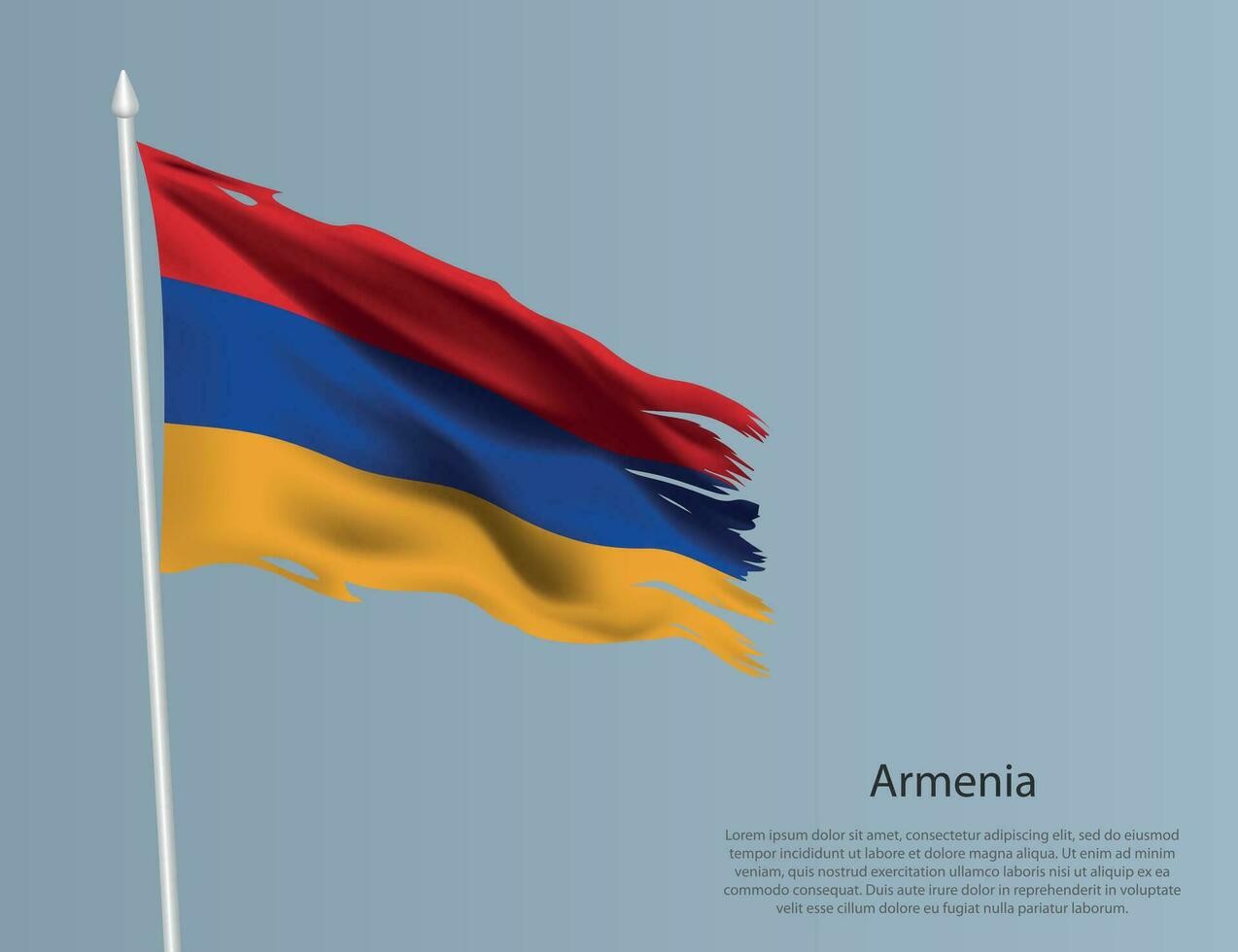 Ragged national flag of Armenia. Wavy torn fabric on blue background vector