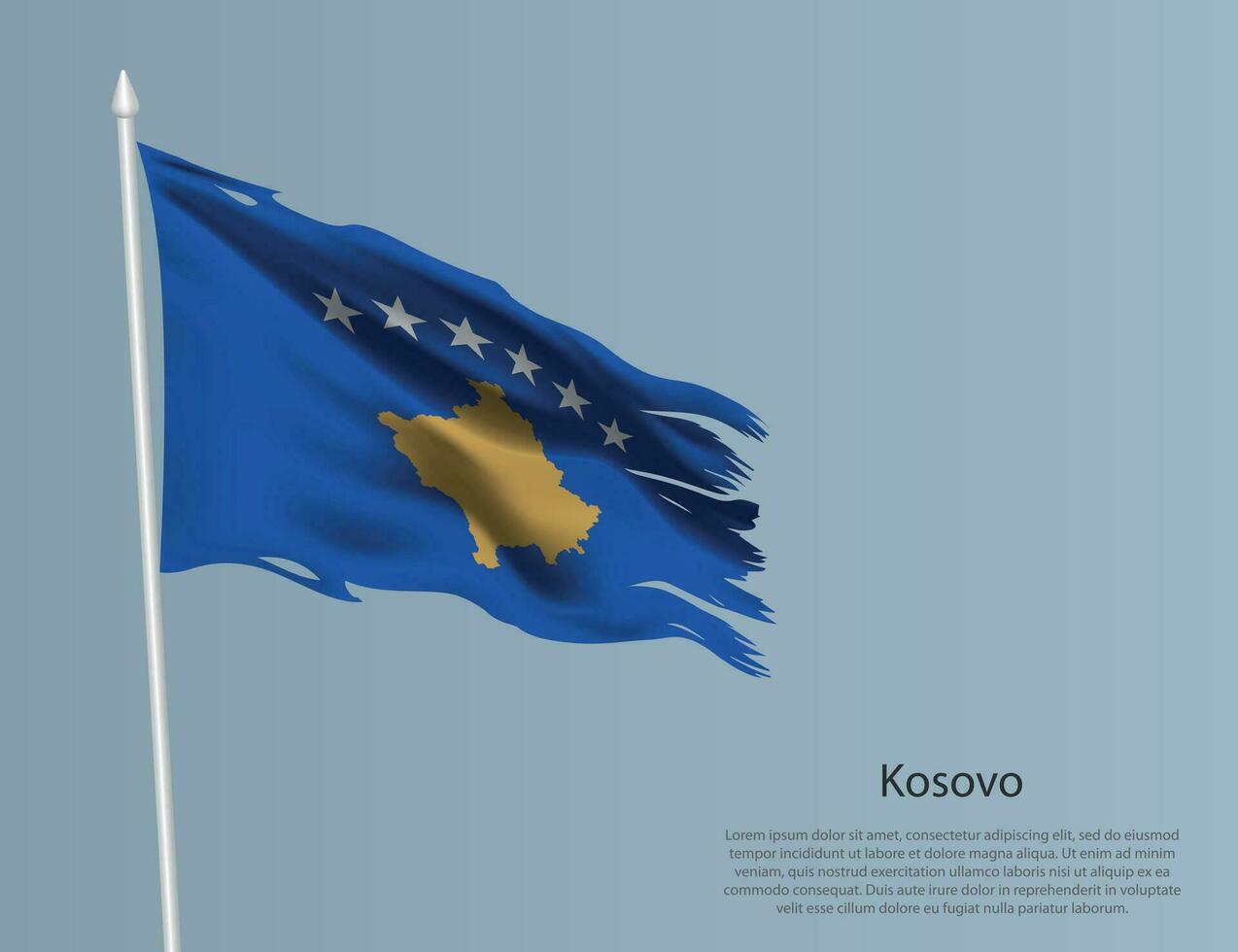 Ragged national flag of Kosovo. Wavy torn fabric on blue background vector