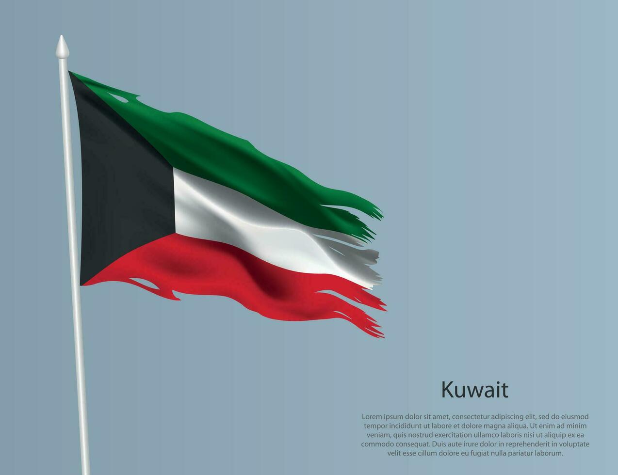 Ragged national flag of Kuwait. Wavy torn fabric on blue background vector