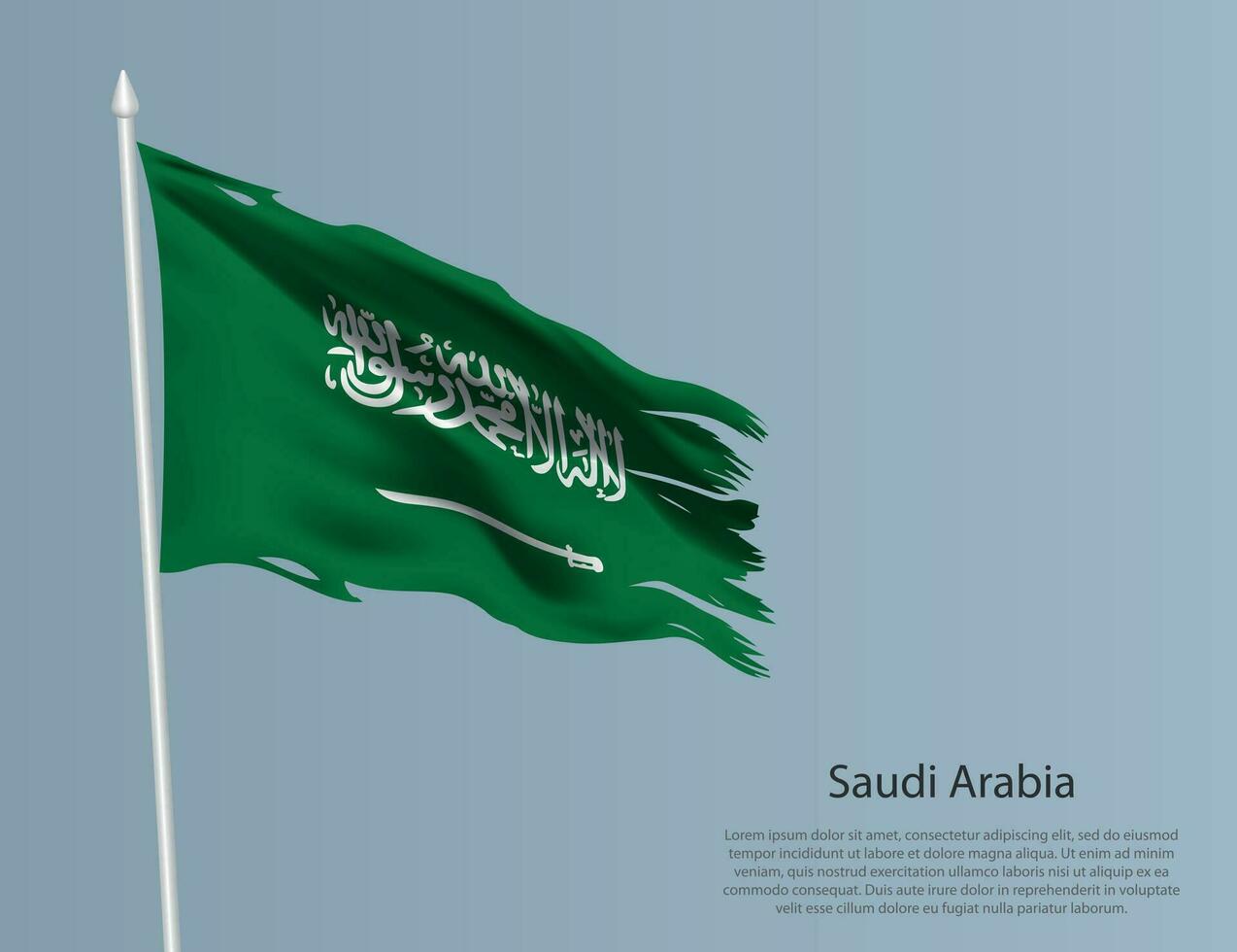 Ragged national flag of Saudi Arabia. Wavy torn fabric on blue background vector