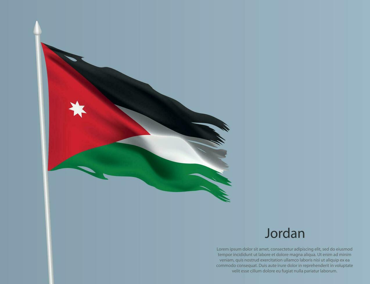 Ragged national flag of Jordan. Wavy torn fabric on blue background vector