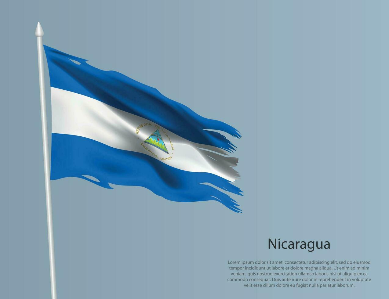 Ragged national flag of Nicaragua. Wavy torn fabric on blue background. vector