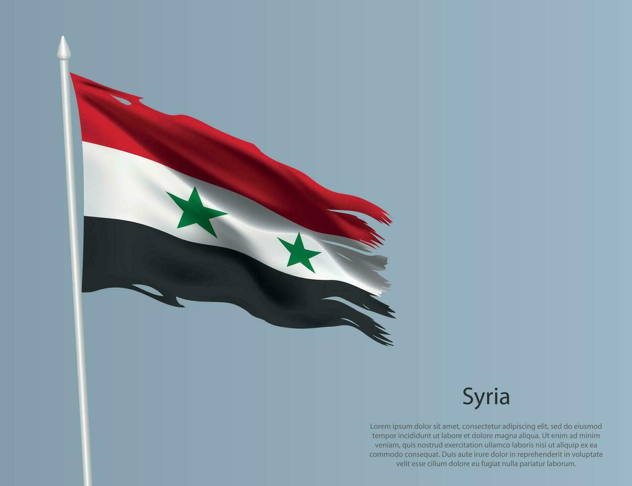 Ragged national flag of Syria. Wavy torn fabric on blue background vector