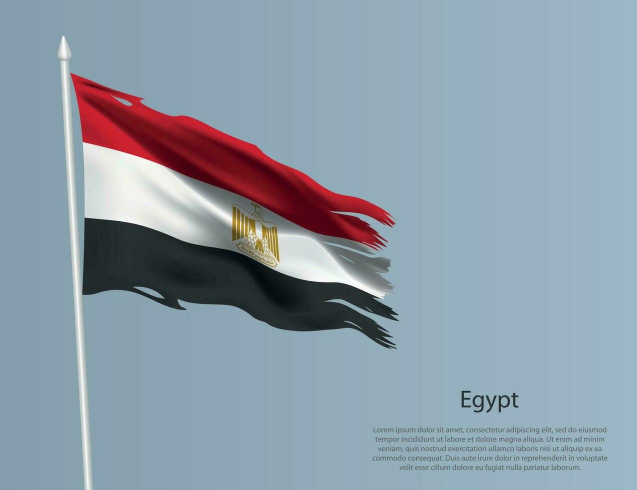 Ragged national flag of Egypt. Wavy torn fabric on blue background vector