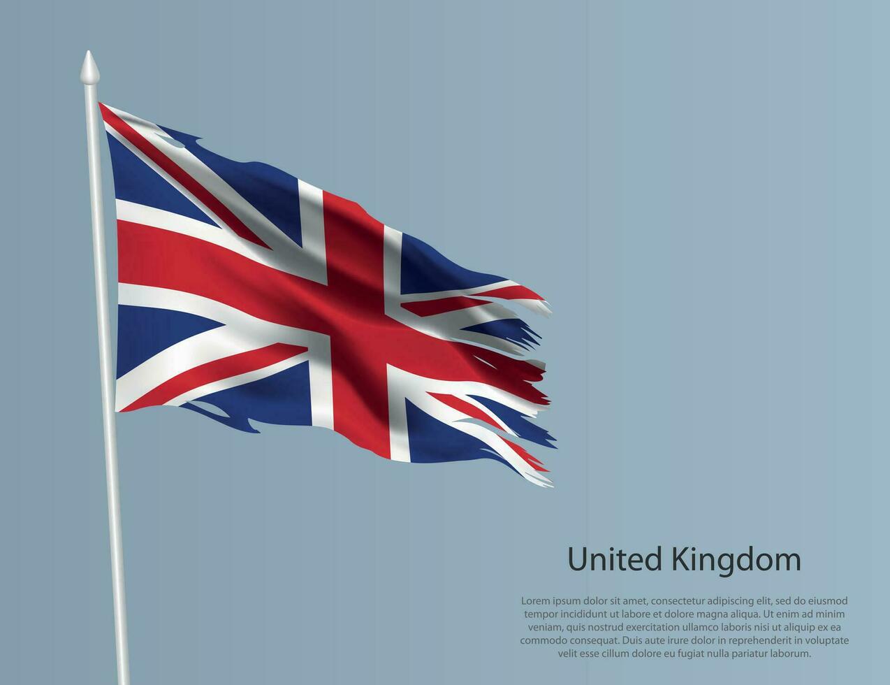 Ragged national flag of United Kingdom. Wavy torn fabric on blue background vector