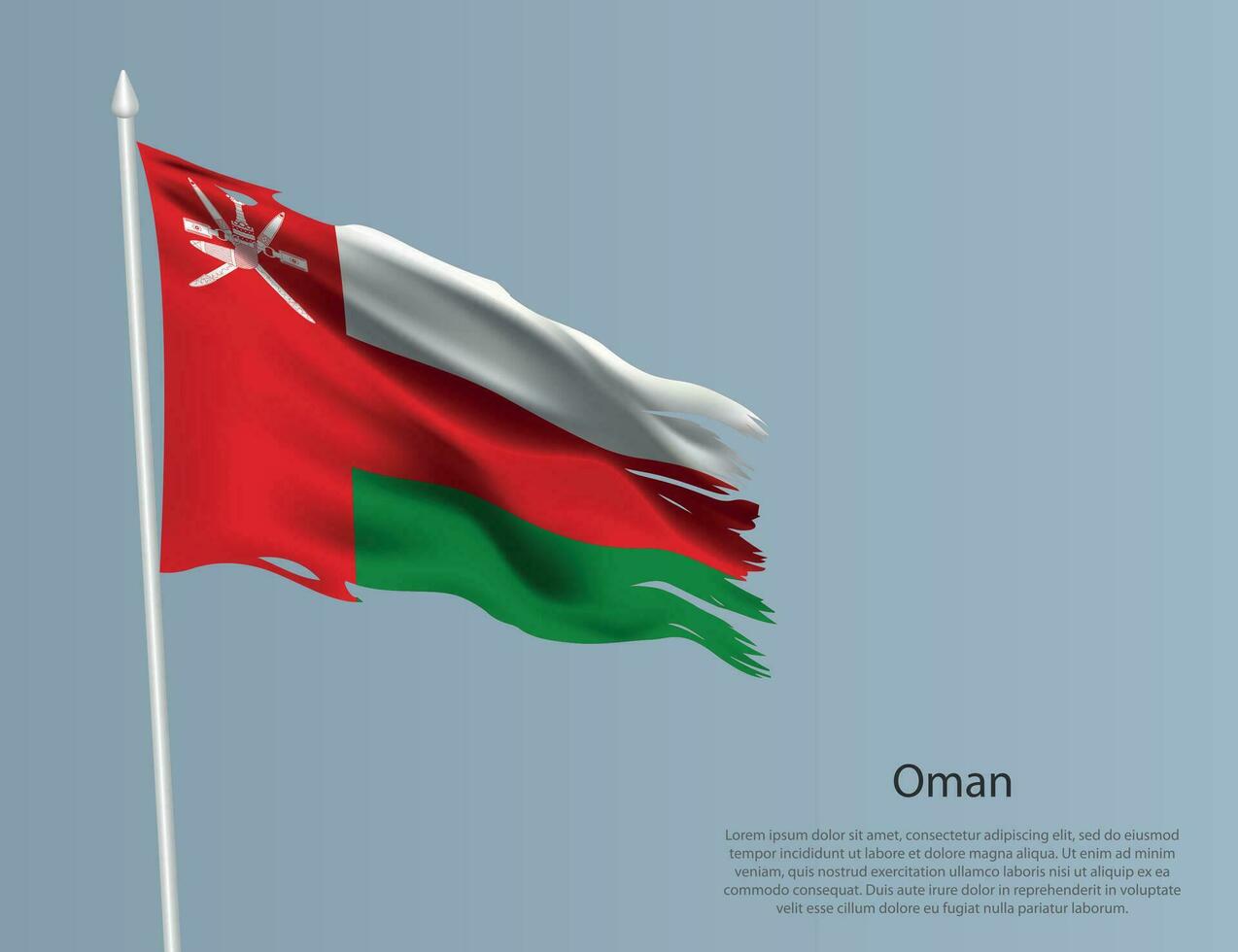 Ragged national flag of Oman. Wavy torn fabric on blue background vector